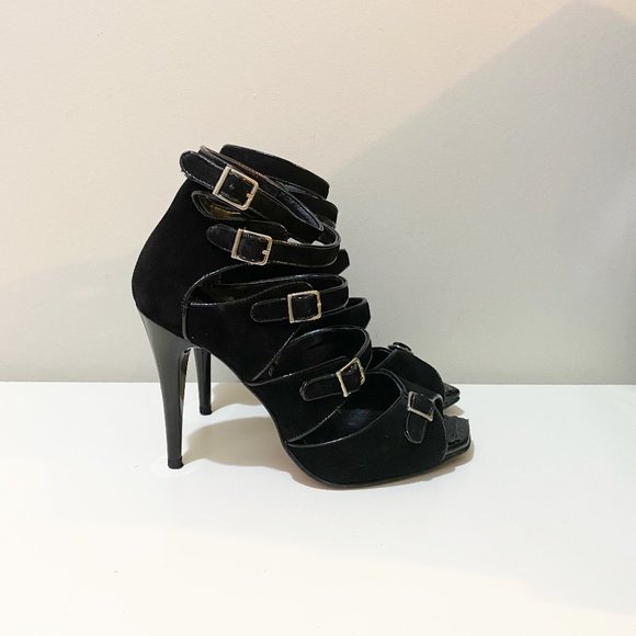 Browns Sexy Suede Leather Multi-Strap High Heel Sandals Black Silver Size 7 - Picture 1 of 9